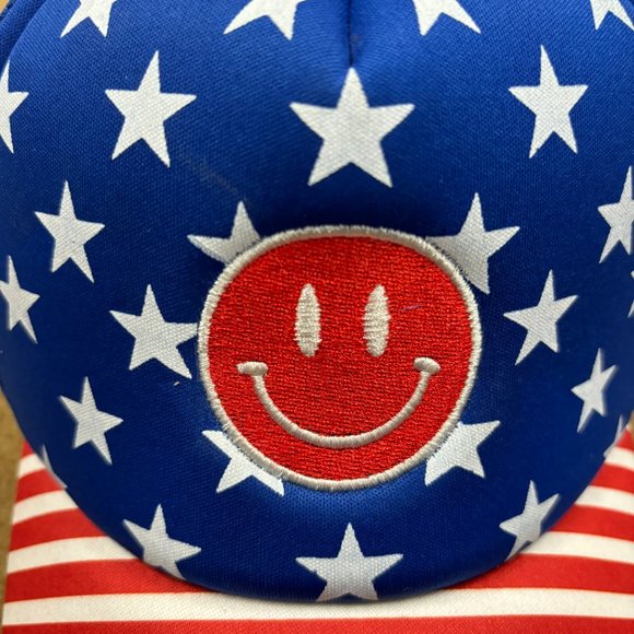 Baseball cap red white blue stars strips smiley face snapback USA 4th‎ of July - Picture 4 of 8